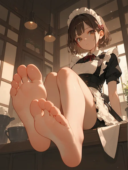 (score_9,score_8_up,score_7_up),1girl,solo,maid,maid headdress,looking at viewer,apron,brown hair,indoors,black hair,bare foot,feet focus,two feet,two feet,two feet,two feet,