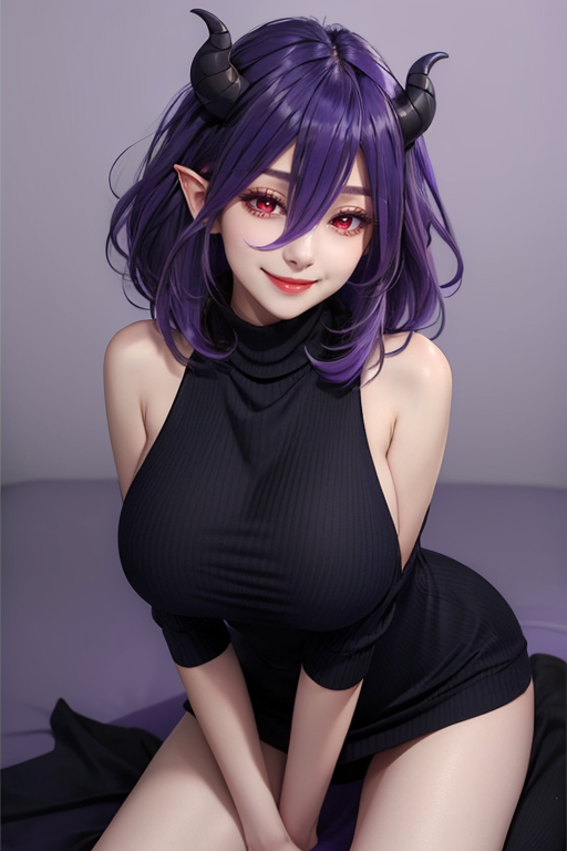 <lora:Vermeil-M1:0.8>,
vermeil,1girl,solo,breasts,dress,red eyes,large breasts,demon girl,looking at viewer,short dress,turtleneck,sleeveless,bare shoulders,black dress,hair between eyes,virgin killer sweater,multicolored hair,gradient hair,evil smile,(purple hair:1.2),simple background,