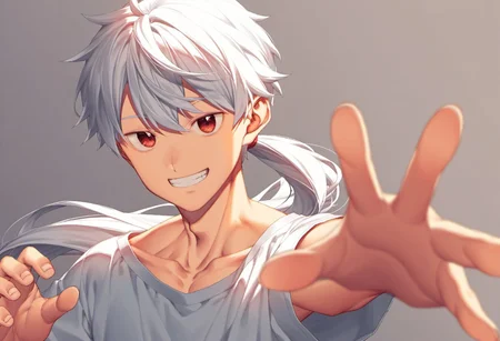 score_9, score_8_up, score_7_up, chapimin10, 1boy, aged up, collarbone, long hair, looking at viewer, male focus, outstretched hand, ponytail, reaching, reaching towards viewer, red eyes, smile, solo, twintails, upper body, white hair