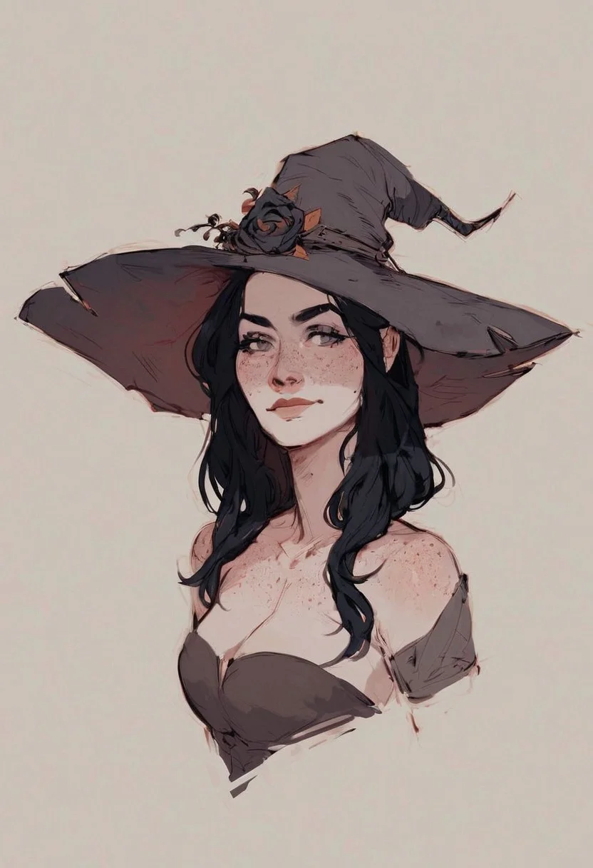 score_9, score_8_up, score_7_up, score_6_up, fantasy, female, (pale skin:1.2), dark clothes, simple background, black hair, freckles, simple grey eyes, bare neck, witch hat, half body, cowboy shot