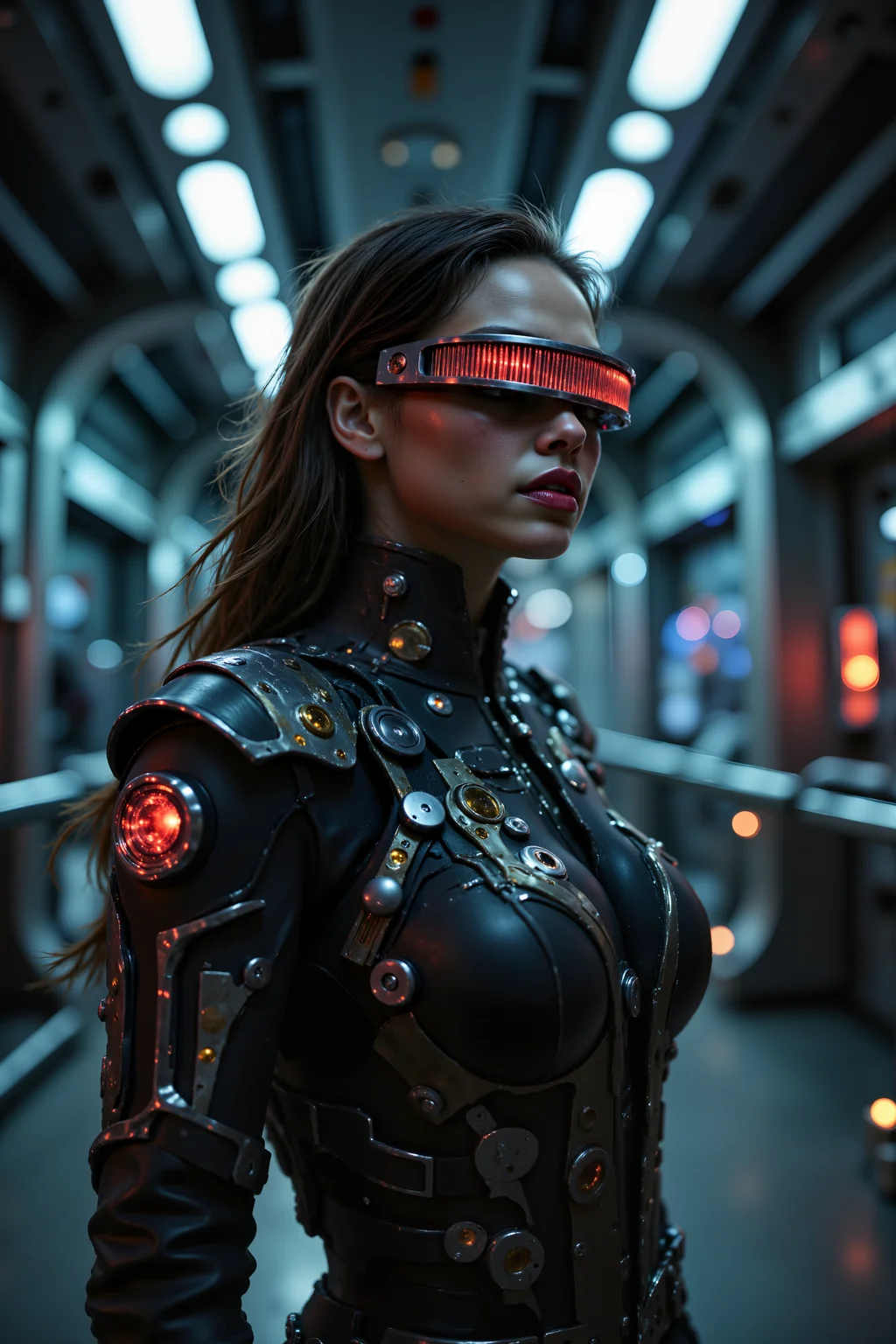 woman with red lipstick standing in a scifi starship room wearing grdvsr visor. , detailed background Fantastic lighting. Detailed shadows.intricate details, vivid colors, hyper-detailed, ultra-sharp, , <lora:FluxMythR3alisticF><lora:PCB_Image_Enhancer_for_FLUX:0.35> <lora:GRD_VISOR_FLUX>