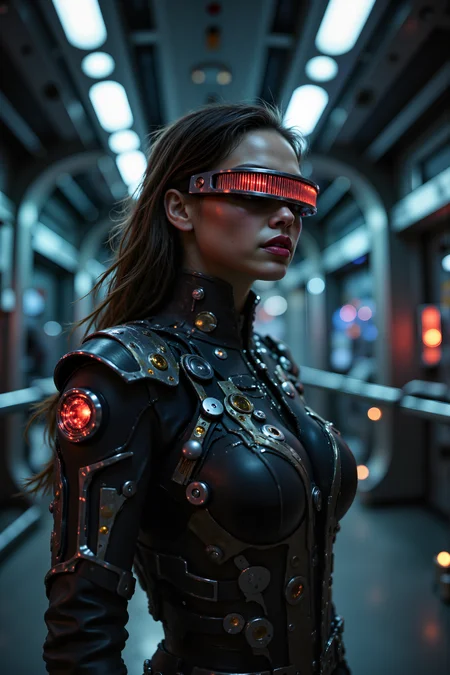 woman with red lipstick standing in a scifi starship room wearing grdvsr visor. , detailed background Fantastic lighting. Detailed shadows.intricate details, vivid colors, hyper-detailed, ultra-sharp, , <lora:FluxMythR3alisticF><lora:PCB_Image_Enhancer_for_FLUX:0.35> <lora:GRD_VISOR_FLUX>