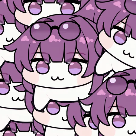 <lora:Doro_X_PDXL_V1:1.0> 10doros, creature, :3, chibi, purple eyes, no humans, white skin, four legs, solid circle eyes, no pupils, <lora:kafkahsr-ponyxl-bshi-v1:1.0> KafkaHSR, pince-nez, eyewear on head, purple hair, sidelocks, short ponytail, purple eyes, empty eyes, simple background,