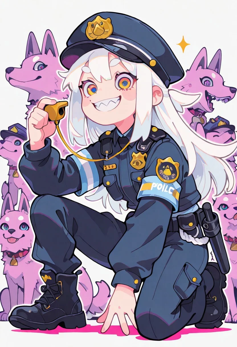 1 girl , police uniform , police hat , sharp teeth , smile , holding baton , holding whistle , pet dog , white hair , dog police uniform , on one knee ,
masterpiece, best quality ,amazing quality ,S4bit4mago_illu , Protoneon ,s0wasow4rt_illu,