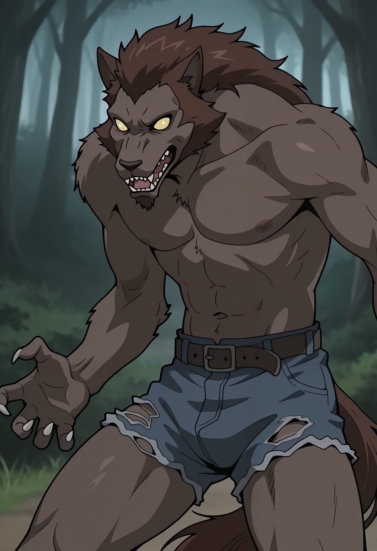 masterpiece,best quality,amazing quality, 1boy, solo, w0lfSS, werewolf, no pupils, colored sclera, brown fur, brown hair, torn denim shorts, brown belt, brown hair, tail,