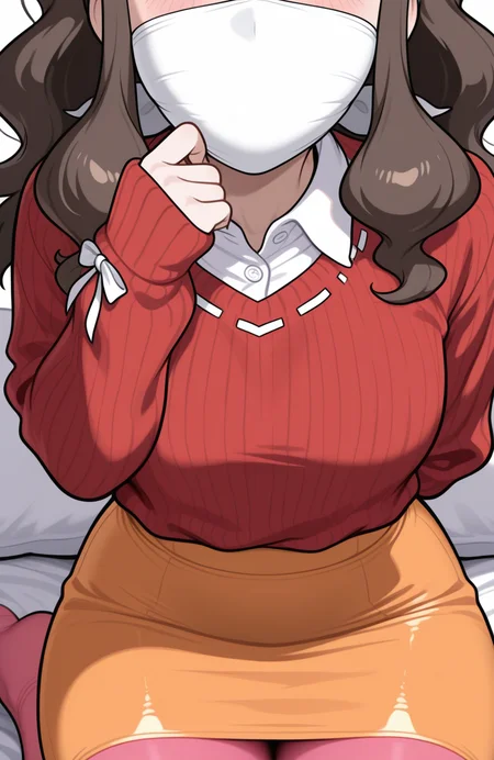 1girl, solo, hilda \(pokemon\), brown hair, red open sweater, ribbon-trimmed sweater, thumb hole sleeves, long sleeves, orange dress shirt, sleeves past wrists, long sleeves, yellow pencil skirt, pink pantyhose, no shoes,
close-up, upper body,  <lora:OTN:0.8> 0tn, thick9a9, gagged, extremely detailed, highres, masterpiece, best quality