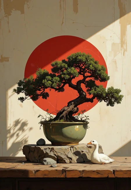  A striking image of a solitary Japanese juniper bonsai styled in cascade form, meticulously displayed on a sleek wooden table. The bonsai’s lush, vibrant green foliage is highlighted against an off-white, textured paper background that features a bold, distinct red circle—its vivid hue complementing the tree's natural beauty. A single gray pebble is carefully placed beside the pot, adding a subtle element of balance to the minimalist setting. Below the table, a masterfully handcrafted porcelain figurine of a white duck rests quietly, infusing a touch of delicate whimsy into the composition.
The scene is evenly illuminated by a soft, dim light that gently accentuates every detail—from the intricate, weathered bark of the bonsai to the refined texture of the paper and the smooth, cool surface of the porcelain duck. This balanced lighting, combined with the precise arrangement of elements, evokes a sense of calm contemplation and quiet elegance. The overall image is rendered in a professional photography style with a painterly touch, capturing both the realism of each element and the evocative mood of a timeless, meditative space.
in the style of cksc, DB4RZ style painting, aidmafluxpro1.1, Anime art