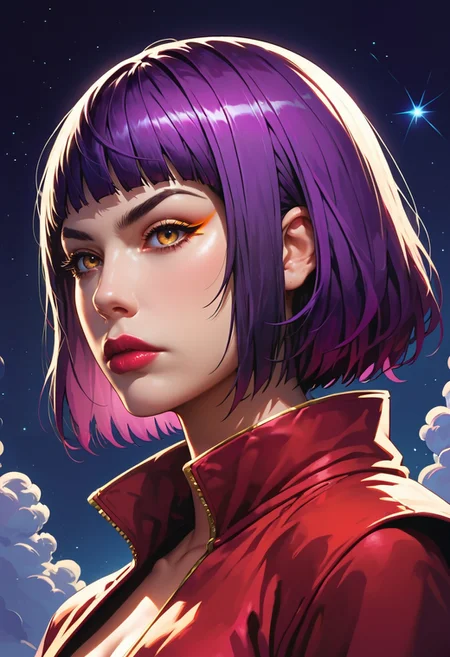 <lora:g0th1cPXL:0.5>g0th1c<lora:TradingCardsPonyXL:0.65>dsktrdcardxl,score_9, score_8_up, score_7_up, score_6_up, solo, source_comic, comic book art, fantasy art, Lenticular, dark and dim, Low Angle, (side view perspective), a woman, (ninja:1.1) woman, with ultraviolet ,chrome hair, deep blue ,gold eyes, detailed eyes, with a high collar cyber (Samurai:1.1) jacket, Large linen cape ,super detailed, background is amber , surrounded by a detailed spacescape with translucent dark-amber Highlights, stunning lighting, detailed, highly vibrant, detailed, masterpiece, highly detailed, high quality, score_5_up, score_4_up,