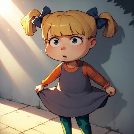 score_9, score_8_up, score_8_up, break, solo, 1girl. blonde hair, twintails, dress, polka dot leggings, hair bow, outdoors, natural lighting, sunlight, shadows,