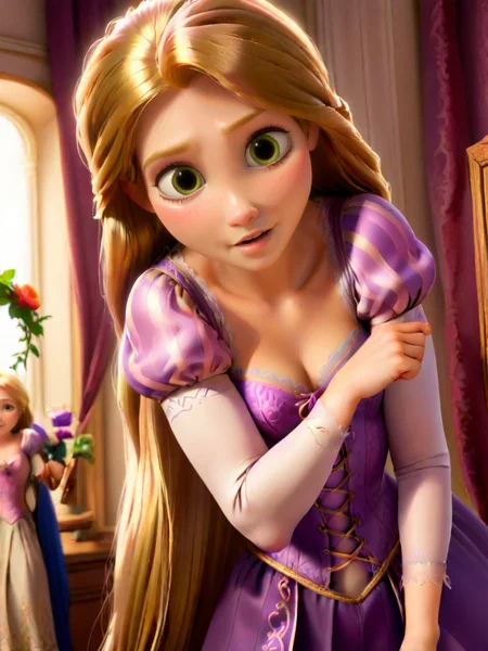 long hair rapunzel, rapunzel, A girl with long blonde hair styled in a braid, wearing a purple dress, standing in front of a mirror in a room decorated with flowers and soft lighting, elsa \frozen\, long hair, breasts, looking at viewer, blush, smile, multiple girls, long sleeves, green eyes, parted lips, indoors, 3girls, hair over shoulder, window, dresser, dress lift, freckles,   
<lora:princess_rc_il:0.9>