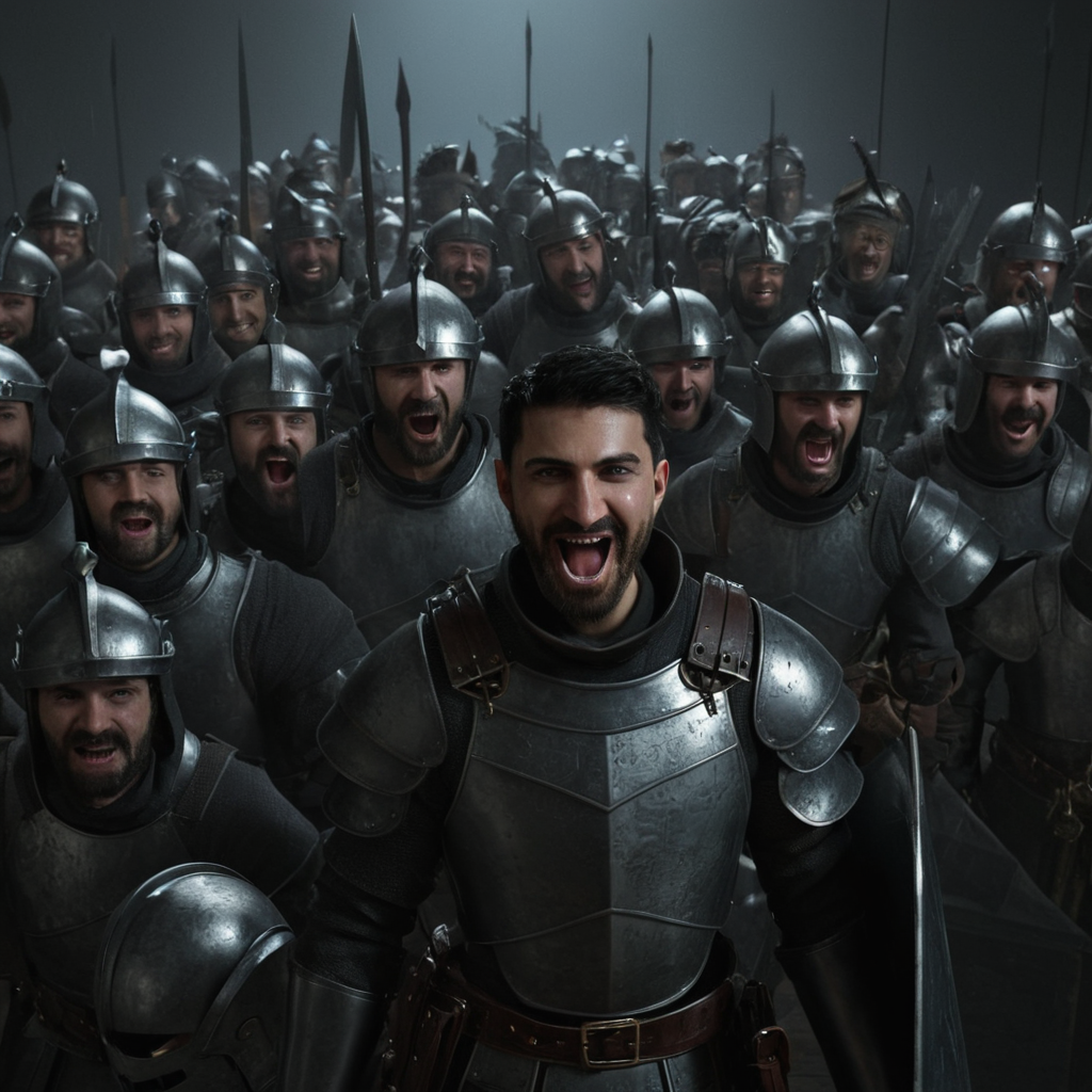 professional 3d model of  <lora:LoDe+Ro style:1>
a group of people dressed in medieval costumes,looking at viewer,smile,open mouth,black hair,hat,weapon,male focus,multiple boys,teeth,sword,holding weapon,armor,facial hair,scar,helmet,shoulder armor,beard,6+boys,breastplate,mustache,knight,full armor,chainmail,LoDe+Robots Style,Love Death + Robots style,Love,Death & Robots style,animated,horror,dark,black,apocalyptic,dystopian,domination , dramatic light, cyberpunk, LoDe+Ro style, octane render, highly detailed, volumetric, dramatic lighting