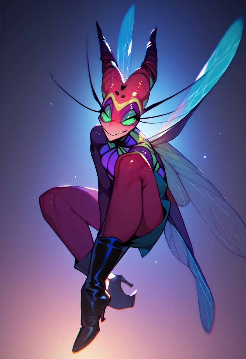score_9, score_8_up, score_7_up, score_6_up, dark faerie, flying at night, beautiful face, heavy black boots, highly detailed, insect wings, monster boy, perfect eyes looking at viewer, cyan and magenta, colored skin,