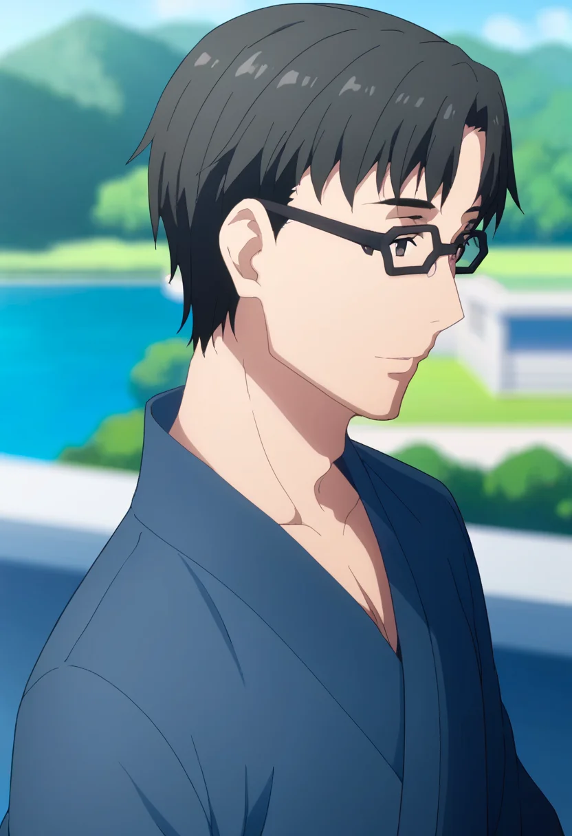 score_9, <lora:kikuoka_seijirou:1> kikuoka seijirou, 1boy, anime coloring, black hair, blurry background, close-up, collarbone, day, from behind, glasses, japanese clothes, kikuoka seijirou, long sleeves, male focus, short hair, solo, suit