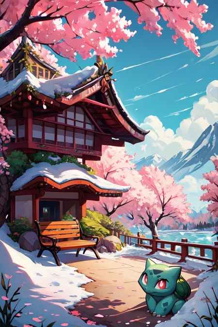 score_9, score_8_up, score_8, ,,, , ,,, zzBulbasaur, red eyes, closed mouth, standing, full body, outdoors, day, tree, bright pupils, snow, white pupils, bare tree, footprints, <lora:BulbasaurPokedexPDXL:1.0>, ,,,, BREAK, sitting on bench, side view, smile, looking at viewer, cowboy shot, ,,, BREAK, pnkBldng, sky, day, cloud, tree, blue sky, building, architecture, east asian architecture, ,,, BREAK, embedding:zPDXL, Expressiveh, ,,, <lora:PinkBuildingsPDXL_v2:0.6>, <lora:SDXLFaeTastic2400:0.5>, <lora:Expressive_H-000001:0.4>