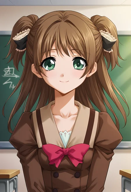 score_9, score_8_up, score_7_up, score_6_up, score_5_up, score_4_up, masterpiece, source_anime, 1girl, c lip, long hair, brown hair, green eyes, brown dress, red bowtie, beige bow, juliet sleeves, long sleeves, two side up, indoors, school desk, chalkboard, day, depth of field, upper body, looking at viewer, light smile, <lora:Sweet_Lip_Pony_c:1>