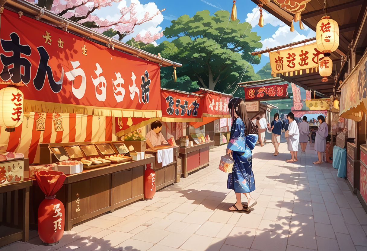 score_9, score_8_up, score_7_up, rating_safe, masterpiece, best quality, absurdres, unity 8k wallpaper, official art, official style, source_anime, uncensored, game cg, megami magazine,
omatsuri, food stand, outdoors, japanese clothes, sky, scenery, kimono, tree, day, multiple girls, food, multiple boys, festival, pavement, long hair, lantern, cloud, road, solo focus, blue sky, sandals, walking, crowd, standing, 1girl, paper lantern, yukata,  photo background, 
<lora:omatsuri_PONY_V1:1>