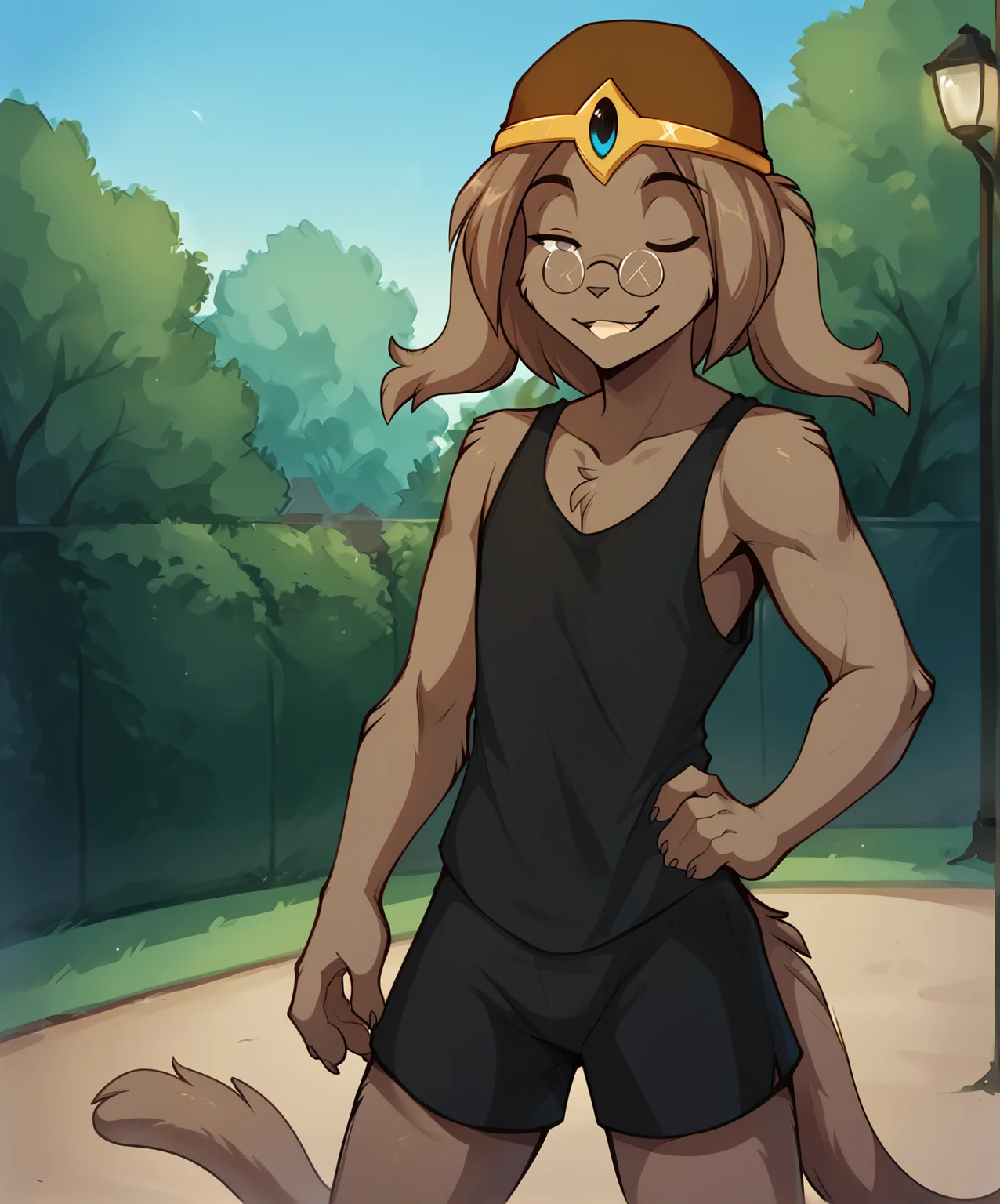 score_9, score_8_up, score_7_up,score_6_up,score_5_up, source_furry
BREAK
solo, furry male anthro, flat chest, (seductive, smug, one eye open), tank top, gym shorts, (outdoors, standing, park), three quarter view
BREAK
<lora:Lynn-Twokinds-SDXL-AnonTK-V2:1> , alaric-twokinds, basitin, mammal, feline tail, grey eyes, medium hair, brown headwear, closed eyes, glasses