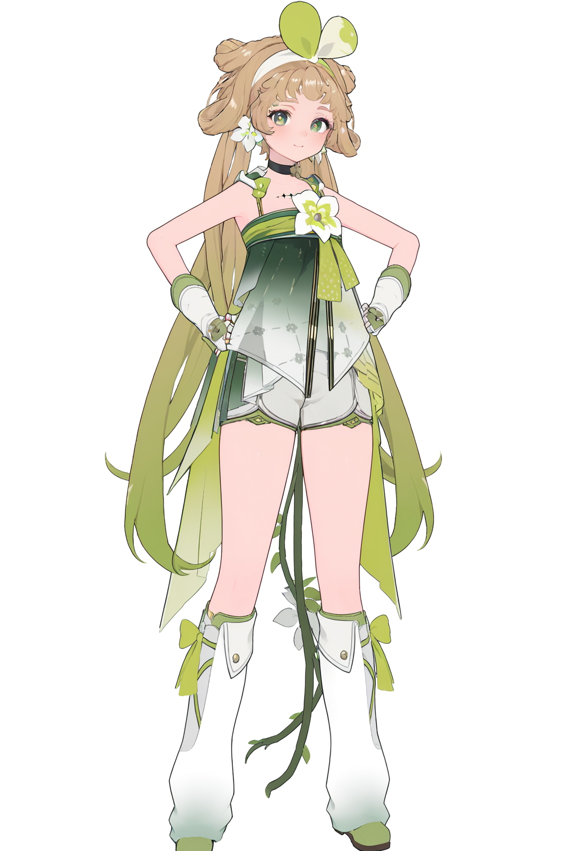 8k, best quality, masterpiece, (ultra-detailed), (high detailed skin), (by nanoless, by misumi \(macaroni\):0.25), 
full body, full shot, standing, looking at viewer, (solo:1.2), simple background, white background, hand on own hip, 
<lora:vlinai-atw2-Tanger:0.8>, vlinai, default clothes, Green vine tail, 1girl, long hair, green eyes, gloves, fingerless gloves, very long hair, multicolored hair, choker, Black chest tattoo, shorts, 
A full-body portrait of a young girl, standing gracefully, pastel art style, high-key lighting, shoujo manga influence, hd quality, delicate details,