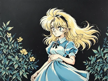 zPDXL3, source_anime, alice in wonderland, blue dress, long hair, blonde hair, hairband, cowboy shot, retro artstyle, traditional media, <lora:Ippongi_Ban_Artist_Style_PonyXL:1> <lora:ncpy13 style_a:1> ncpy13 style, pastels drawing