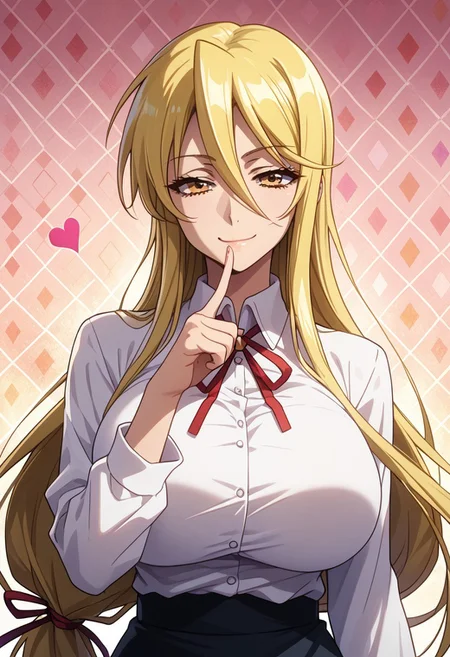 score_9, score_8_up, score_7_up, 1girl, solo, looking at viewer, anime coloring, upper body, close-up, portrait,
<lora:Shizuka_Marikawa_Dwnsty:0.8>, shizuka_marikawa, blonde hair, yellow eyes, long hair, low-tied long hair, hair between eyes, sidelocks, white shirt, collared shirt, red ribbon, neck ribbon, black skirt, long skirt, pencil skirt,
lips, huge breasts, light smile, mature female, finger to mouth, smirk, naughty face,
sunlight, abstract background, argyle background, rainbow, heart,
<lora:Hotd_Artstyle_Dwnsty:0.7>
