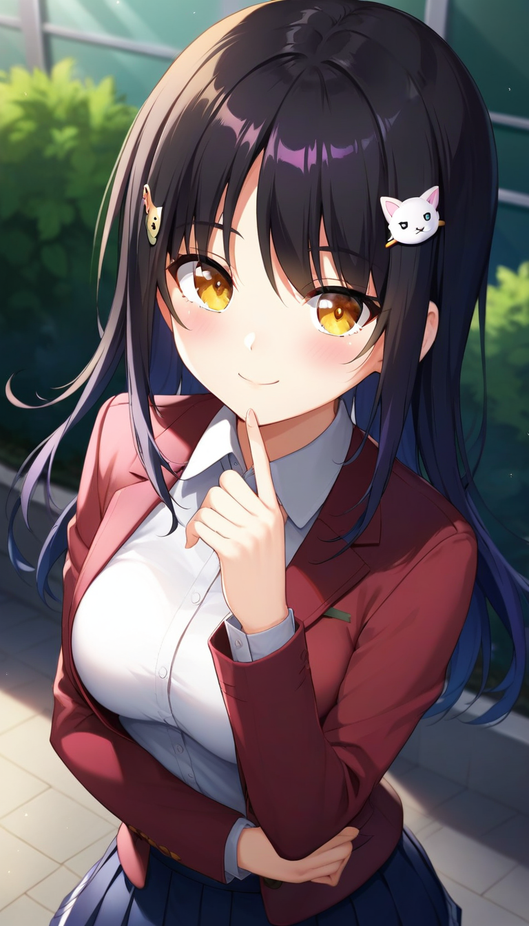 score_9,score_8_up,score_7_up,score_6_up BREAK official art,solo,outdoors,upper body,(portrait:1.5),looking at viewer,facing viewer,smile,blush,Wataya Mio,long hair,black hair,cat hair ornament,hairclip,bangs,yellow eyes,school uniform,red jacket,Blazer,white shirt,collared shirt,long sleeves,sleeves past wrists,medium breasts,blue skirt,pleated skirt,white socks,loafers,<lora:Wataya Mio(od)-Pony:1.2>,