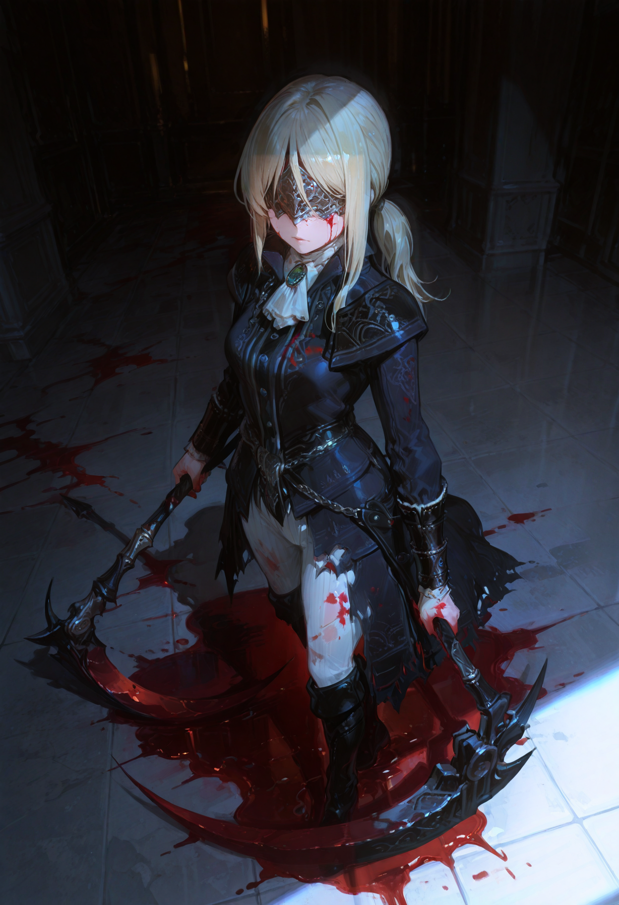 masterpiece, best quality, good quality, newest, highres, absurdres, volumetric lighting,gradient color,
BREAK
raytracing, volumetric lighting, ambient occlusion, girl, background, masterpiece, best quality, very awa, absurdres,
BREAK
DuchessER, ponytail, blonde hair, covered eyes, solo, model style,
BREAK
masterpiece,amazing quality,best quality,ultra-detailed,8K,illustration,CG,shiny hair,clear skin,ultra-detailed-eyes, background,cute girl,
BREAK,
blood, blood on clothes, blood on weapon, blood on face, blood on hands, blood splatter, blood stain, pool of blood, weapon, holding, blood on scythe, huge scythe, glowing scythe, chains, holding weapon, standing, looking at viewer, solo, torn clothes, volumetric lighting, vivid colours, dutch angle, from above, full body shot,
<lora:DetailedEyes_V3:1> <lora:USNR STYLE_XL_loha:0.45> <lora:GBF_Illustrious:0.4> <lora:NOOB_vp1_detailer_by_volnovik_v1:0.3> <lora:MGE_V5.2_IL:0.6> <lora:ponyv6_noobE11_2_adamW:0.5> <lora:noobai_vpred_1_masterpieces_v1:1> <lora:748cmXLillokrV5311P:0.6> <lora:iLLDuchessER:1>