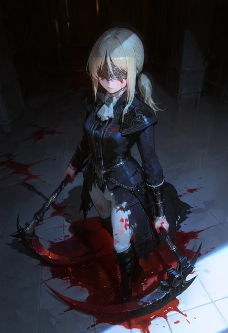 masterpiece, best quality, good quality, newest, highres, absurdres, volumetric lighting,gradient color,
BREAK
raytracing, volumetric lighting, ambient occlusion, girl, background, masterpiece, best quality, very awa, absurdres,
BREAK
DuchessER, ponytail, blonde hair, covered eyes, solo, model style,
BREAK
masterpiece,amazing quality,best quality,ultra-detailed,8K,illustration,CG,shiny hair,clear skin,ultra-detailed-eyes, background,cute girl,
BREAK,
blood, blood on clothes, blood on weapon, blood on face, blood on hands, blood splatter, blood stain, pool of blood, weapon, holding, blood on scythe, huge scythe, glowing scythe, chains, holding weapon, standing, looking at viewer, solo, torn clothes, volumetric lighting, vivid colours, dutch angle, from above, full body shot,
<lora:DetailedEyes_V3:1> <lora:USNR STYLE_XL_loha:0.45> <lora:GBF_Illustrious:0.4> <lora:NOOB_vp1_detailer_by_volnovik_v1:0.3> <lora:MGE_V5.2_IL:0.6> <lora:ponyv6_noobE11_2_adamW:0.5> <lora:noobai_vpred_1_masterpieces_v1:1> <lora:748cmXLillokrV5311P:0.6> <lora:iLLDuchessER:1>