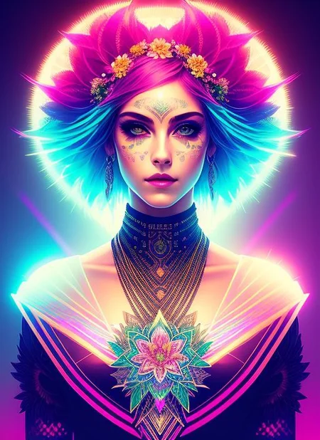 (swpunk style:1.1) (symmetry:1.1) (portrait of floral:1.05) a woman as a beautiful synthwave goddess, piercing green eyes, (light rays, light bands, lightgeo:1.1), beautiful intricate filegrid facepaint, intricate, elegant, highly detailed