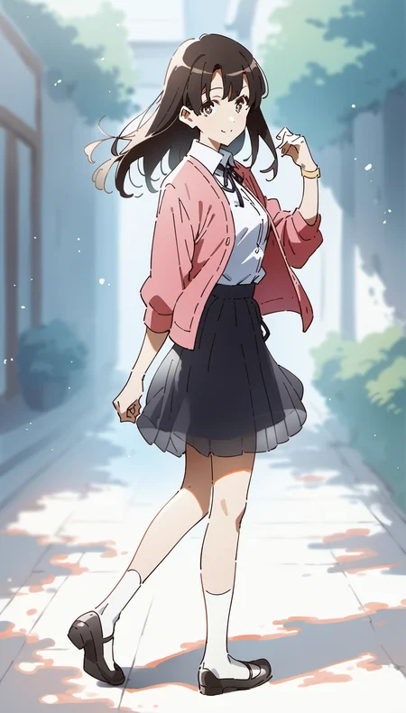 score_9,score_8_up,score_7_up,
<lora:megumikato:0.9>,
megumikato,
1girl,solo,black hair,bangs,long hair,brown eyes,looking at viewer,smile,pink cardigan,white shirt,dark blue ribbon tie,yellow wristband,(sheer overskirt:1.1),black underskirt,white socks,black round toe shoes,
full body,standing,back view, 
vignetting,bloom,lens flare,light particles,