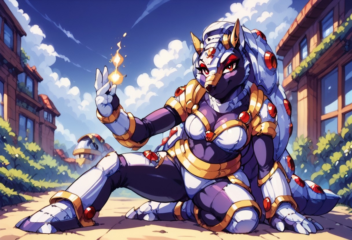 score_9, score_8_up, score_7_up, cowboy shot, armored animal, maverick, robotic, no humans, shell, legs, megaman x, solo, armadillo, megaman, female, genderbending, sexy, looking at viewer, purple + gold armor, (breasts:1.2), smug smile, feminine eyelashes, blue skies, 1girl, (red eyeshadow:1.6), hair, armadillo form, anthro, Artifyber_style, kind, calm, cute pose