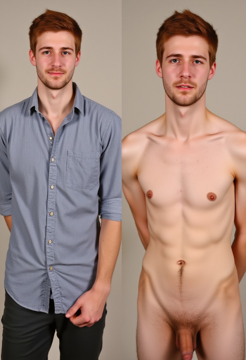 Side-by-Side high definition photos of a handsome Irish red-haired man in his middle thirties, great quality face, detailed face, Clothed and Naked, PanelA and PanelB, Stripping Off Clothing, Left Side Fully Clothed, Right Side Fully Naked, Left Side Wearing shirt and pants, Right Side Penis Visible. On the left the man is cocky and smiling, on the right the man is embarrassed and serious. Great quality, detailed face, middle thirties