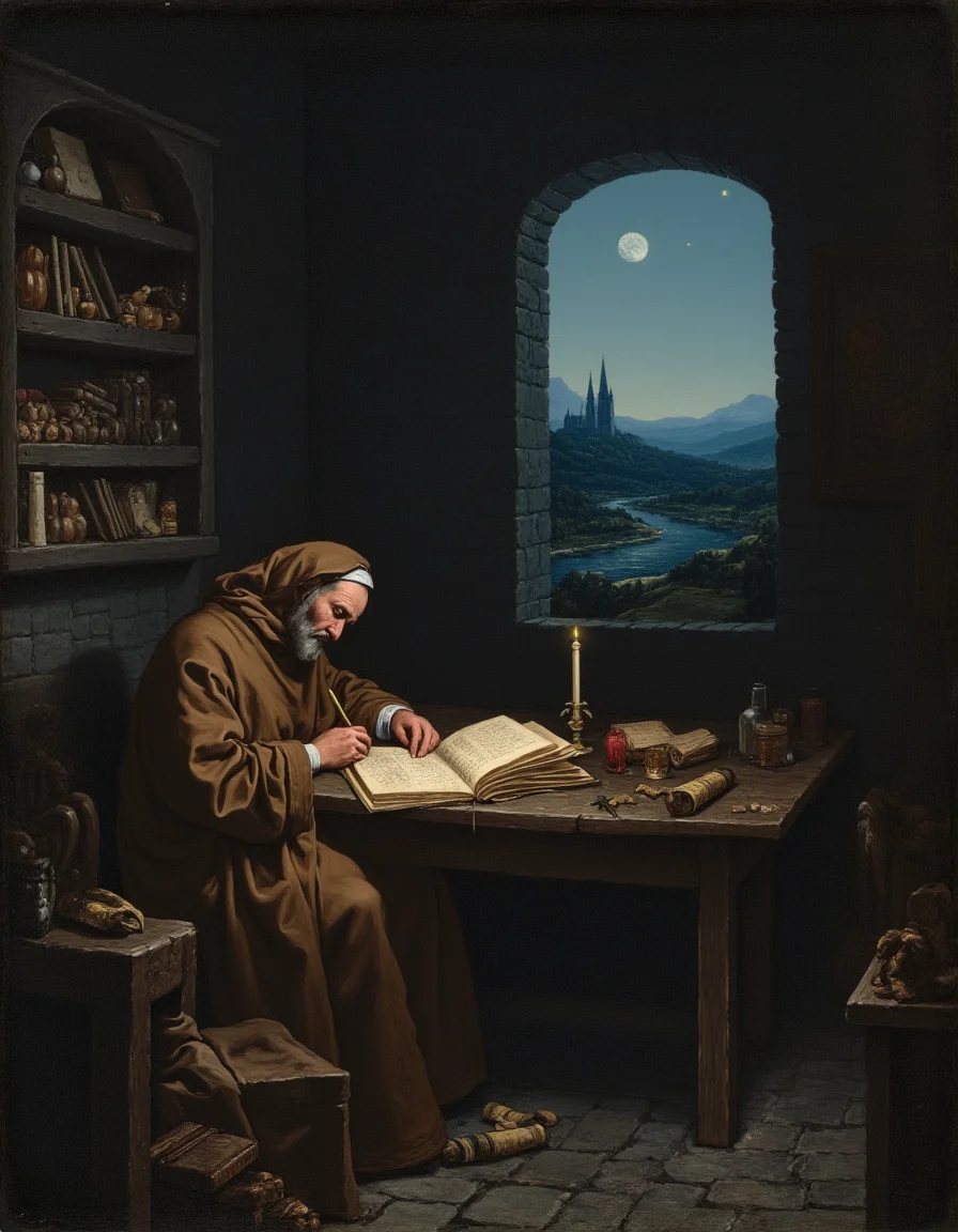 <lora:Flux_-_Renaissance_art_style:1>
In a moody, cinematic oil painting, a lone monk sits hunched over a heavy wooden table in the dimly lit chamber of a medieval castle, deep in quiet contemplation. Dressed in a coarse, earth-toned brown wool robe, its simple folds draping over his seated form, he carefully inscribes words into a large, leather-bound manuscript with a quill, the delicate scratching of ink against parchment the only sound in the hushed room. His face, partially obscured by the flickering glow of a single beeswax candle, bears an expression of quiet focusâaged, lined with wisdom, yet softened by the warm light.
The small stone chamber is shrouded in deep shadows, its cold gray walls lined with aged wooden shelves, stacked with dusty tomes, rolled parchments, and glass ink bottles. The rough stone floor is strewn with a few scattered pages, some crumpled, some carefully set aside, evidence of long hours spent in scholarly devotion. Behind him, an old wooden stool, slightly uneven from years of wear, creaks softly as he shifts his weight.
(A small, narrow window, set high into the thick castle walls,:1.2) allows a faint sliver of moonlight to stream in, casting a cool blue contrast against the golden glow of the candle. Beyond the window, the rolling European countryside stretches out in the misty night, the gentle contours of distant hills and winding roads barely visible under the dim glow of the stars. A lone church spire rises in the far distance, a silent reminder of the world beyond these ancient stone walls.
The air is heavy with the scent of melted wax, old parchment, and damp stone, a sensory reflection of the solitude and devotion that define the monkâs world. The scene captures an almost timeless momentâa solitary figure lost in thought, his work illuminated by fragile light, his mind wandering between scripture, philosophy, and the mysteries of the written word.