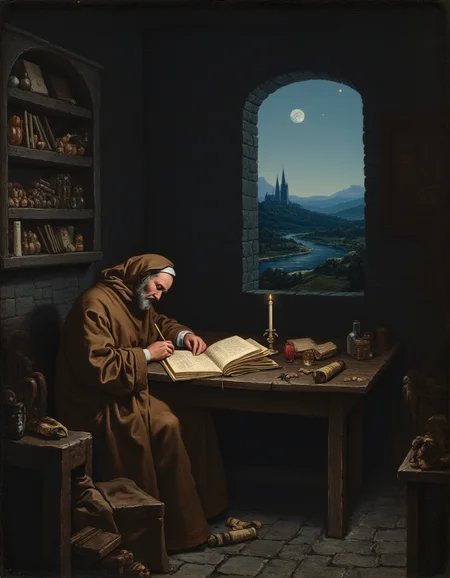 <lora:Flux_-_Renaissance_art_style:1>
In a moody, cinematic oil painting, a lone monk sits hunched over a heavy wooden table in the dimly lit chamber of a medieval castle, deep in quiet contemplation. Dressed in a coarse, earth-toned brown wool robe, its simple folds draping over his seated form, he carefully inscribes words into a large, leather-bound manuscript with a quill, the delicate scratching of ink against parchment the only sound in the hushed room. His face, partially obscured by the flickering glow of a single beeswax candle, bears an expression of quiet focusâaged, lined with wisdom, yet softened by the warm light.
The small stone chamber is shrouded in deep shadows, its cold gray walls lined with aged wooden shelves, stacked with dusty tomes, rolled parchments, and glass ink bottles. The rough stone floor is strewn with a few scattered pages, some crumpled, some carefully set aside, evidence of long hours spent in scholarly devotion. Behind him, an old wooden stool, slightly uneven from years of wear, creaks softly as he shifts his weight.
(A small, narrow window, set high into the thick castle walls,:1.2) allows a faint sliver of moonlight to stream in, casting a cool blue contrast against the golden glow of the candle. Beyond the window, the rolling European countryside stretches out in the misty night, the gentle contours of distant hills and winding roads barely visible under the dim glow of the stars. A lone church spire rises in the far distance, a silent reminder of the world beyond these ancient stone walls.
The air is heavy with the scent of melted wax, old parchment, and damp stone, a sensory reflection of the solitude and devotion that define the monkâs world. The scene captures an almost timeless momentâa solitary figure lost in thought, his work illuminated by fragile light, his mind wandering between scripture, philosophy, and the mysteries of the written word.
