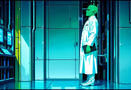 masterpiece, best quality, amazing quality, very aesthetic, absurdres, newest, drvenoilxl holding a pad clip board, 1boy, red eyes, male focus, pointy ears, green skin, ((side view)), ((looking up)), ((white buttoned coat)), ((long lab coat)) bald, (((old man))), wrinkles, alien, full body, looking at viewer, standing pose, ((plain background)), solo, scowl, white loafers, ((white collar)), ((buttoned collar)), white pants, scifi factory background, factory background, science fiction background,