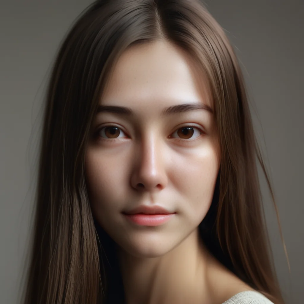 1girl, Beautiful woman, high detail, portrait, elegant, delicate features, emotional expression, masterpiece, 8k resolution, Extremely high-resolution details, realism pushed to extreme, fine texture, incredibly lifelike, looking at viewer, solo focus, realistic, photorealistic, soft lighting, ultra realistic photograph, simple background, Exquisite details and textures, grainy, film analog photography, film, face details, real face, without make up, brown hair, long straight hair,