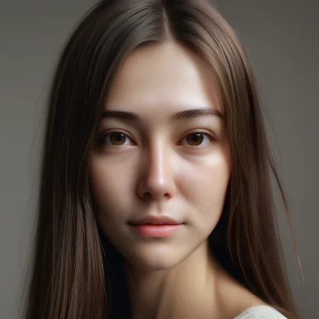 1girl, Beautiful woman, high detail, portrait, elegant, delicate features, emotional expression, masterpiece, 8k resolution, Extremely high-resolution details, realism pushed to extreme, fine texture, incredibly lifelike, looking at viewer, solo focus, realistic, photorealistic, soft lighting, ultra realistic photograph, simple background, Exquisite details and textures, grainy, film analog photography, film, face details, real face, without make up, brown hair, long straight hair,