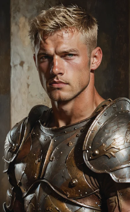score_9, score_8_up, score_7_up, score_6_up, 1boy, male focus, solo, realistic, blondhunk, tanned, chiseled, muscular, blonde hair, short hair, handsome, cleft chin, armor, <lora:Blond_hunk_Pony:0.85>