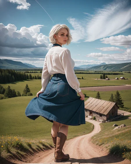 (Bird’s-eye view:1.4), (Sn0frid_v1, white hair:1.3), medium bosom, (style of Dorothea Lange) rugged frontier homestead woman, 1800s Montana, linen blouse, long skirt, apron, practical sturdy boots, earthy tones, natural fibers, rustic charm, sepia-toned aesthetic, arid golden prairie, wooden cabin, wildflowers, cracked soil, farm tools, weathered textures, sun-dappled lighting, determined expression, confident pose, wind-tousled hair, (dramatic clouds:1.2), vast open landscape, vintage authenticity, pioneering spirit ,