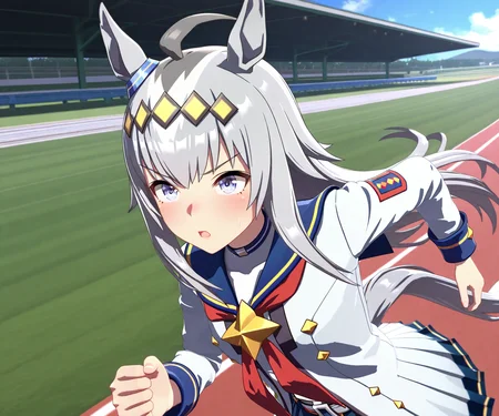 masterpiece, best quality, amazing quality, , 1girl, solo, racetrack, running, <lora:Oguri Cap in game style 3D ILL-v2:1> ummsmingame, 3d, oguri cap \(umamusume\),