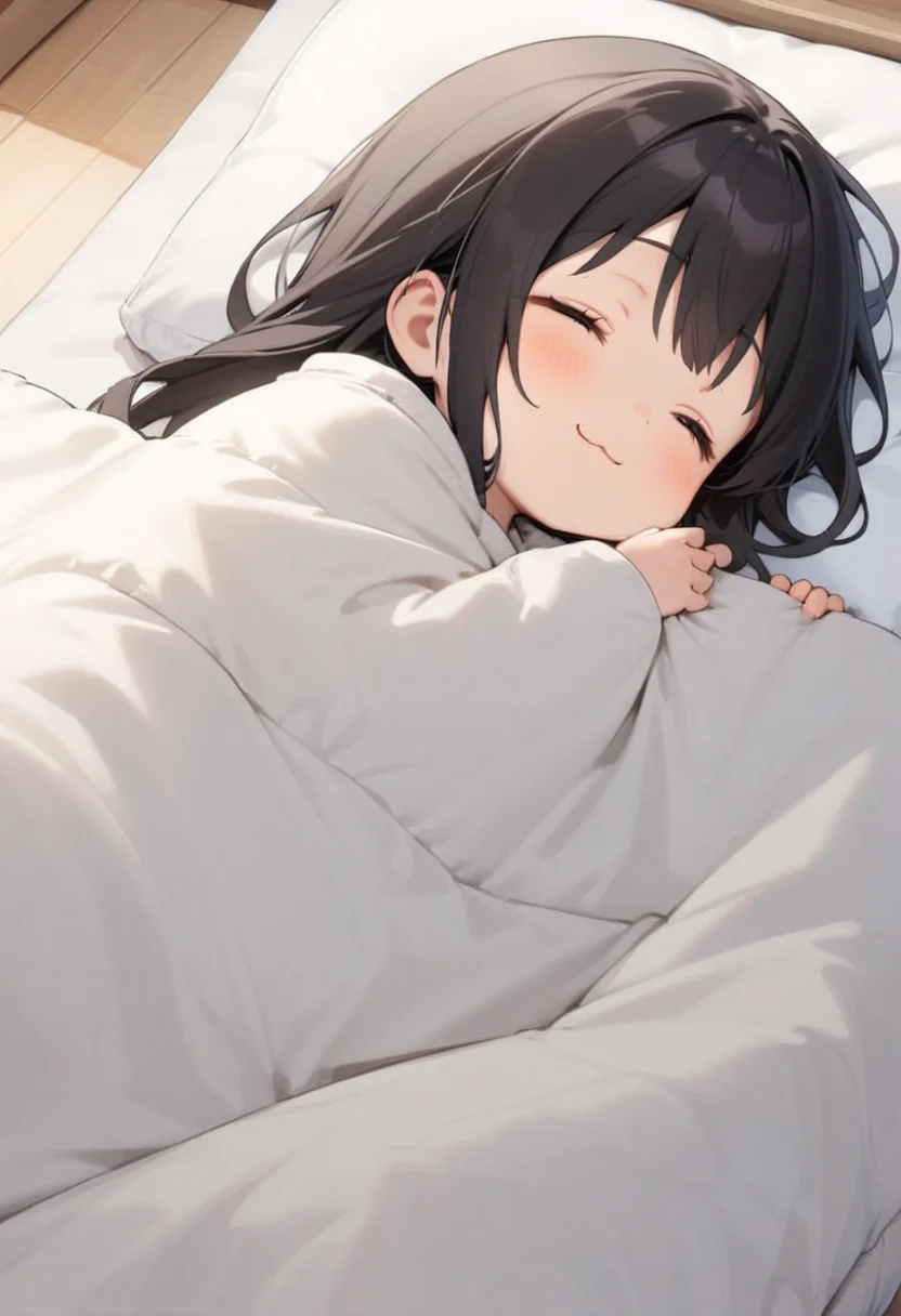 masterpiece, best quality, very aesthetic, absurdres,
1girl, chibi, solo, black hair, long hair, happy, smile, :3,
futon, pillow, closed eyes, bed, sleeping, lying, under covers, blanket,
<lora:kakebuton_SDXL_V1:0.8>