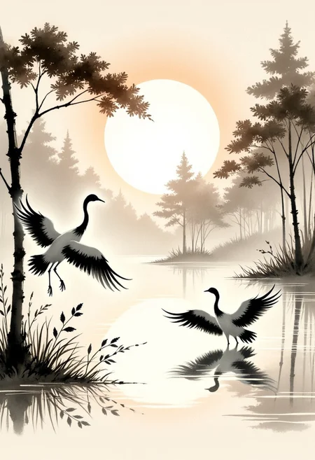 traditional japanese art style, ink on paper, wabi-sabi, henna and carmine, sepia, BREAK, image of cranes, tranquil woodland lake, sunset, minimal brush strokes, Inkwashara