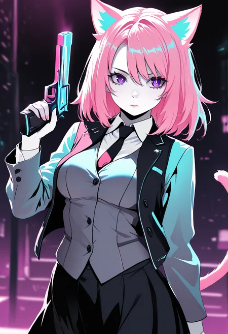 pale skin, <lora:CatGirlStyleNeon_V1-000003:1>, Smooth Quality,
1girl, pink hair, purple eyes, cat ears, cat tail, masterpiece, 4k, medium breasts, cute, adult, neon edge, shirt with buttons, jacket, vest, black skirt, tie,  CatGirlNeonStyle, gun in hand