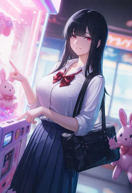 masterpiece,best quality,amazing quality,newest,absurdres,highres, newest,
,side view,from below,dutch angle,
1girl, beautiful face, perfect eyes, detailed eyes,(slim body:1.2),mature female,
black hair,blunt bang,long hair, straight hair,
red eyes ,looking at viewer,
parted lips, light smile,
large breasts,
seifuku,unworn red plaid bowtie,blue pleated skirt,collarbone, collared shirt,,(button gap:0.6) ,
hugging pink rabbit plushie,school bag,pointing,trinket,
arcade,claw machine,
detailed background, volumetric lighting, depth of field, shadow,