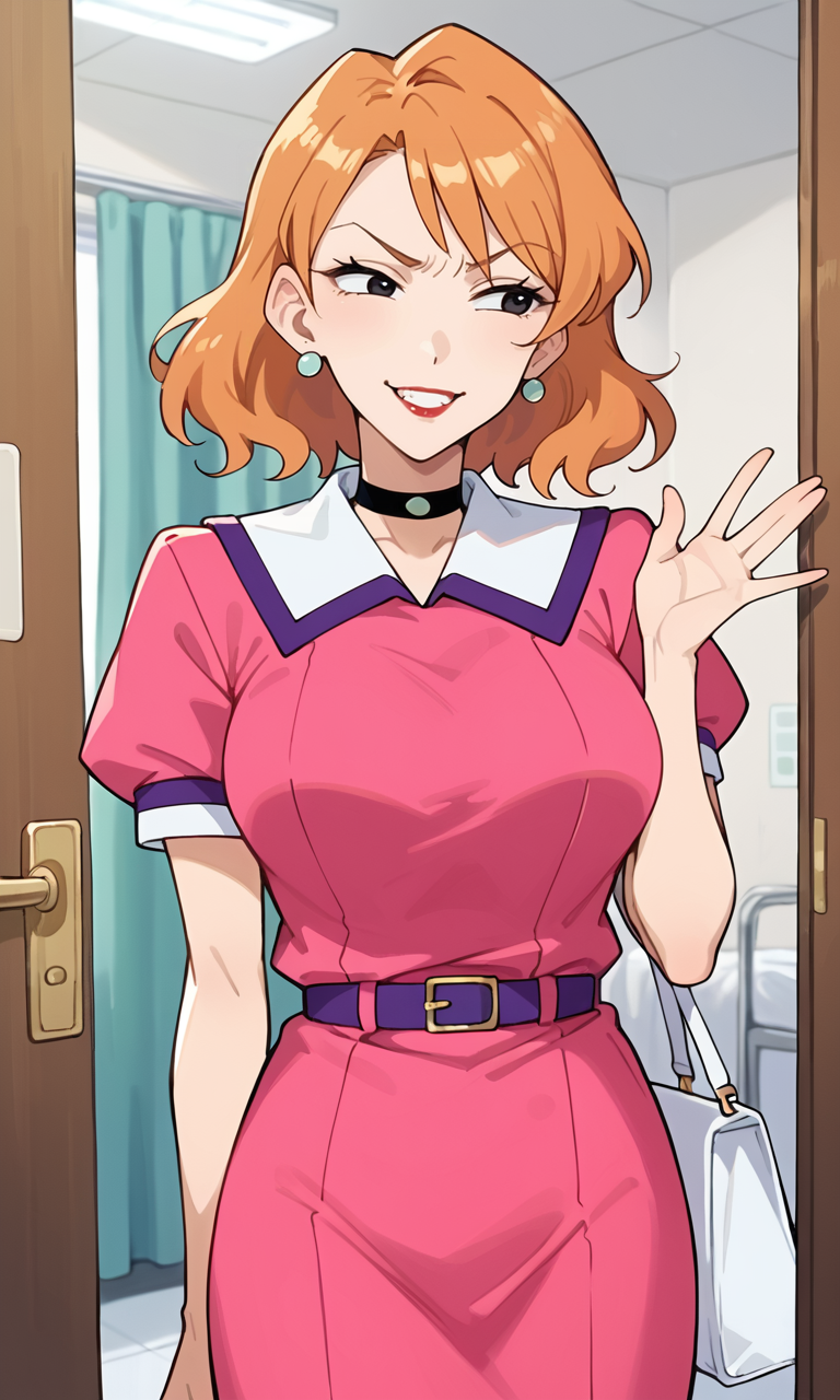 (1girl:1.5), (solo:1.3), (score_9, score_8_up, score_7_up, score_6_up, score_5_up, score_4_up), (source_anime), rating_questionable,
 <lora:matsuzaka-take_v1:0.8> (matsuzaka-take), (frown:1.3), (black eyes, eyelashes, orange hair, medium hair, bangs, earrings, red lips), (pink dress, collared dress, white collar, purple trim collar, puffy short sleeves, purple belt, black choker, white handbag), (large breasts),(smirk:1.2),cowboy shot,  (looking away:1.3),
indoors,  hospital room, doorway, waving, standing, teeth,
