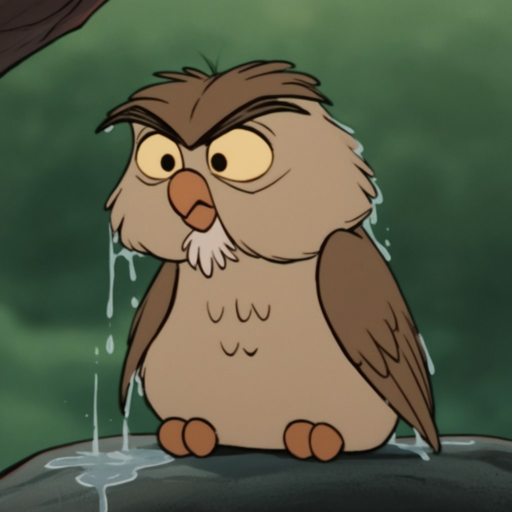 score_9, score_8_up, score_7_up, score_6_up, score_5_up, score_4_up, source_furry, Archimedesowl, feral, male, owl, brown feathers, yellow sclera, black eyes, sitting, on rock, wet, wings