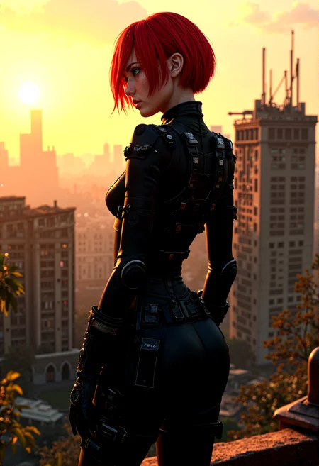 photorealistic image of Regina from Dino Crisis, short bright red bob cut hair, blue eyes, wearing a tactical black bodysuit with armor-like plating, standing on the rooftop of a ruined building, surveying the devastated cityscape with a determined look, late afternoon setting with the sun setting behind her, casting long shadows, ultra-high-definition textures, cinematic composition, decaying urban environment, warm tones from the setting sun, intricate details in her tactical gear with utility belt and holsters, strong and agile physique, highly detailed and accurate portrayal, photorealistic rendering, determined and resolute atmosphere.
cinematic scene, cinematic lighting, intricate detail skin and facial texture, lifelike expression, accurate character design, dynamic pose, interesting and complex background details, intricate vegetation details