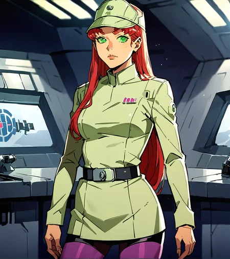 source_9, <lora:Imperial_Uniform_Star_Wars:1> Imperial Uniform, no leggings, cowboy shot, cap, Starfire, red hair, green eyes, source_anime,