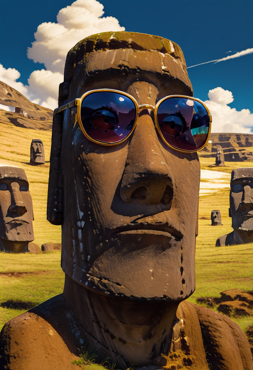 masterpiece, best quality, no humans,   zzMoai, 1girl, outdoors, sky, day, cloud, blue sky, sunglasses, scenery  ,<lora:MoaiEasterIsland_IXL:1.0>,