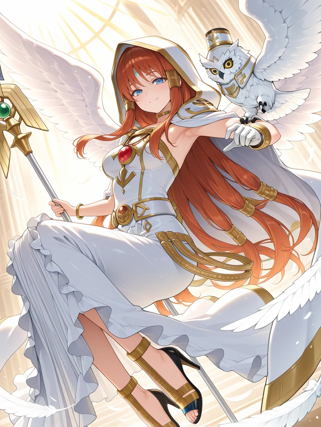 minerva - the exalted lightsworn, 1girl, solo, staff, white owl, gold hair tubes, black high heels, smile, looking at viewer, armpits, angel wings, gold choker, white cape, white long dress, single white glove, hood up, white hood, gold bracelet, red jewelry, light rays, spread wings, bird on hand, dutch angle, blue forehead mark, 1other,
masterpiece,best quality,amazing quality,very aesthetic,absurdres,newest,<lora:Minerva, the Exalted Lightsworn illuXL v1.1:0.75>