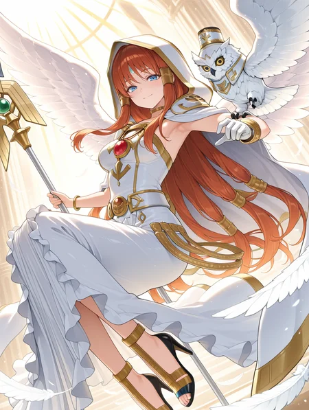minerva - the exalted lightsworn, 1girl, solo, staff, white owl, gold hair tubes, black high heels, smile, looking at viewer, armpits, angel wings, gold choker, white cape, white long dress, single white glove, hood up, white hood, gold bracelet, red jewelry, light rays, spread wings, bird on hand, dutch angle, blue forehead mark, 1other,
masterpiece,best quality,amazing quality,very aesthetic,absurdres,newest,<lora:Minerva, the Exalted Lightsworn illuXL v1.1:0.75>